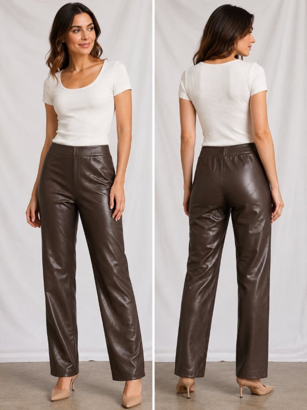 Susan Graver Faux Leather Pull-On Pants Brown Size 6 QVC